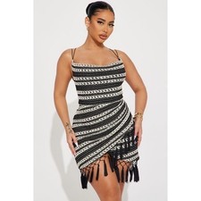 Fashion Nova Bali Mami Crochet Mini Dress Black White Fringe Tassel Large NWT