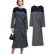 NWT Madewell Cotton Knit Side Tie Double Slit Blue White Stripe Maxi Dress Sz S