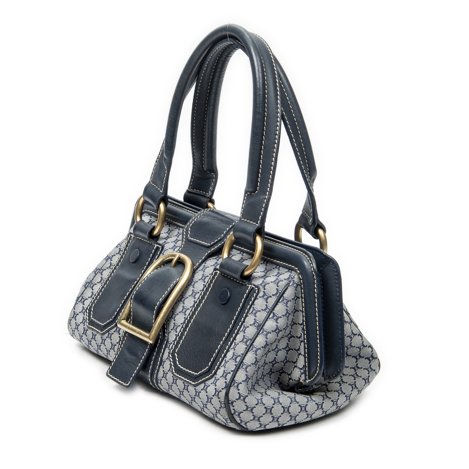 Celine Navy/Grey Frame Buckle Boston Shoulder Bag Macadam Canvas image 2