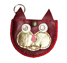 Handmade Red  Gold Cute Genuine Leather Cat Coin Pouch Purse Keychain Kitten