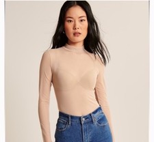 Abercrombie Soft A F Collection Bodysuit Sz XS Long Sleeve Mesh Cream