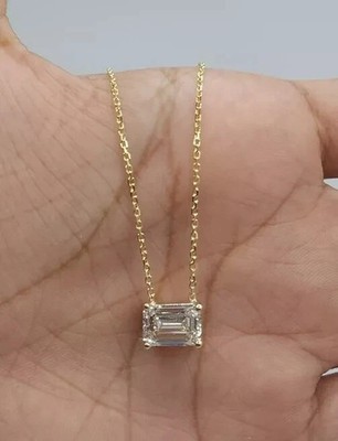 2Ct Emerald Cut Moissanite Solitaire Pendant Necklace 18'' Solid 10K Yellow Gold