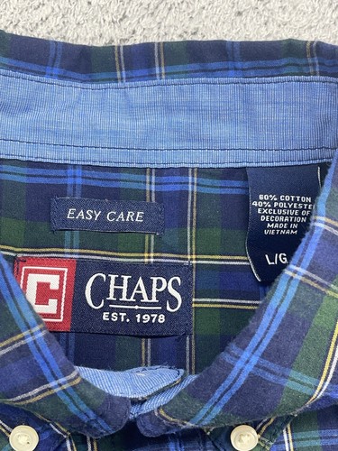 Chaps Mens Dress Shirt sz L Green Blue Plaid Classic Fit Easy Care Button Down - Picture 6 of 7
