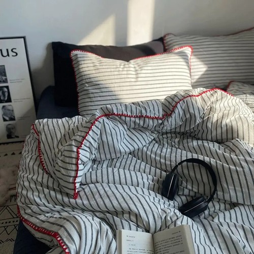 Juego de funda nórdica juego de edredón ins estilo minimalista nórdico juego de cama a rayas grises de cuatro - Imagen 5 de 27
