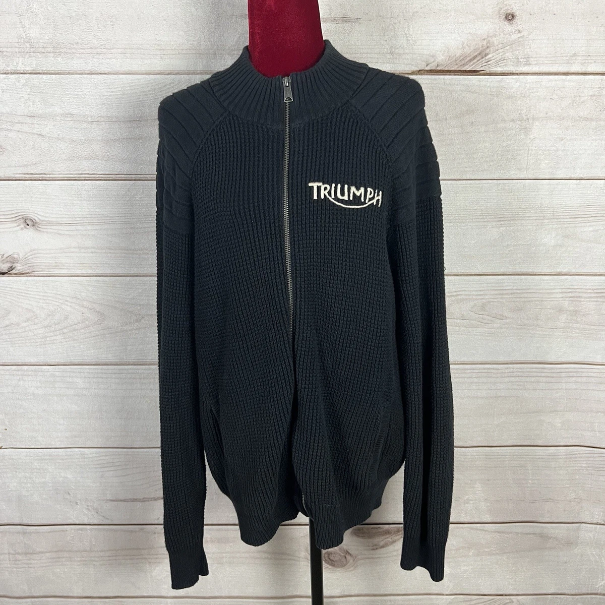 Triumph Motorcycles Lucky Brand Black Full Zip Knit Sweater Cardigan Logo Sz L