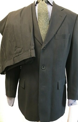 STRELLSON Mens Suit 40R BLACK WITH BROWN STRIPES 3 Buttons WOOL BLEND 2 Pleats *