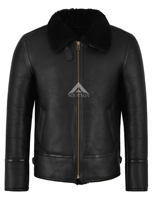 Herren B3 Schwarz Fell Lammfell Schaffell Lederjacke Bomber Pilot RAF HARBIN