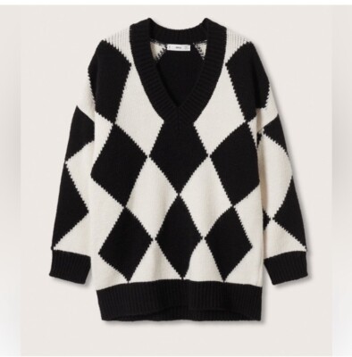 Mango Women s Rhombus Knit Sweater Oversized Black And White Size Small