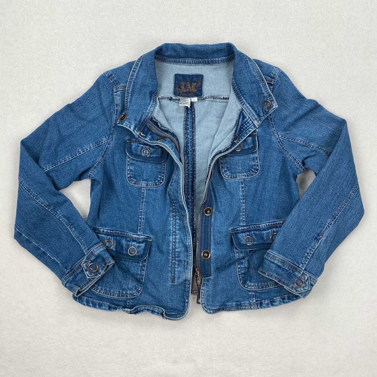 Vintage Live a Little Jacket Size Large Medium Wash Denim Zip Up