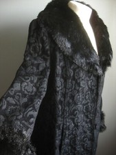 Centigrade Jacquard Long Coat Xl 18 16 Black Fur Collar Trim Retro Flared