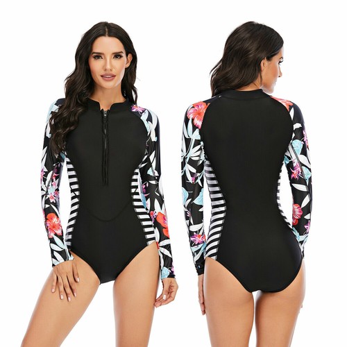 One Piece Swimwear Women Bathing Long Sleeve Rash Guard UV Protection Beachwear - Picture 15 of 21
