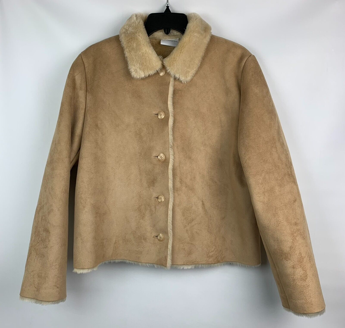Liz Claiborne Jacket Camel Faux Suede Collared Buttons Faux Fur