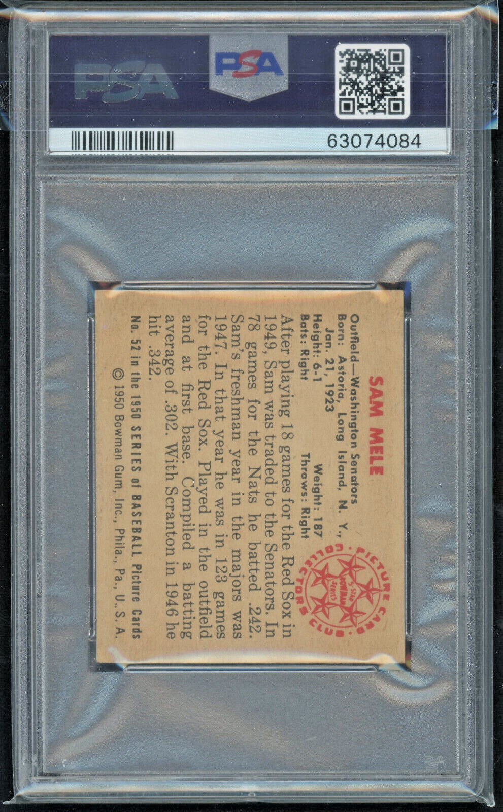 1950 Bowman 52 Sam Mele Washington Senators PSA 6 Vintage Baseball Card view 3
