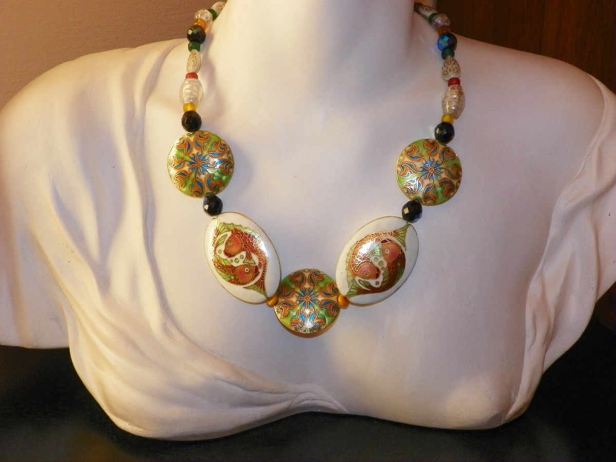 Collier Rare Perles Émaillées Cloisonnées Et Aventurine - Création Française Artisanale - Neuf