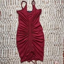 Fashion Nova Women's XS Red Burgundy Mini Dress Front Ruched Tie Adjustable