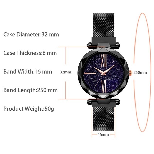 WATCH WOMEN LADIES GOLDTONE DARK STARRY DIAL GOLDEN ROMAN NUMERALS XII 