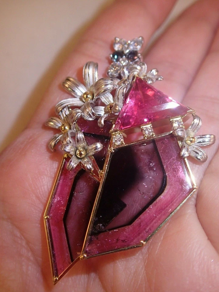 Big Platinum/18K YG 21.4CT diamond, watermelon & pink tourmaline flower pendant - Image 4 of 4