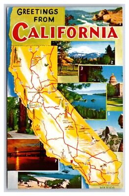 Map View Multiview Greetings From California CA UNP Unused Chrome Postcard V10