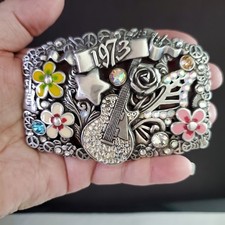Vintage 1973 Belt Buckle Silver Tone Guitar Flowers Peace Signs Rhinestones Boho