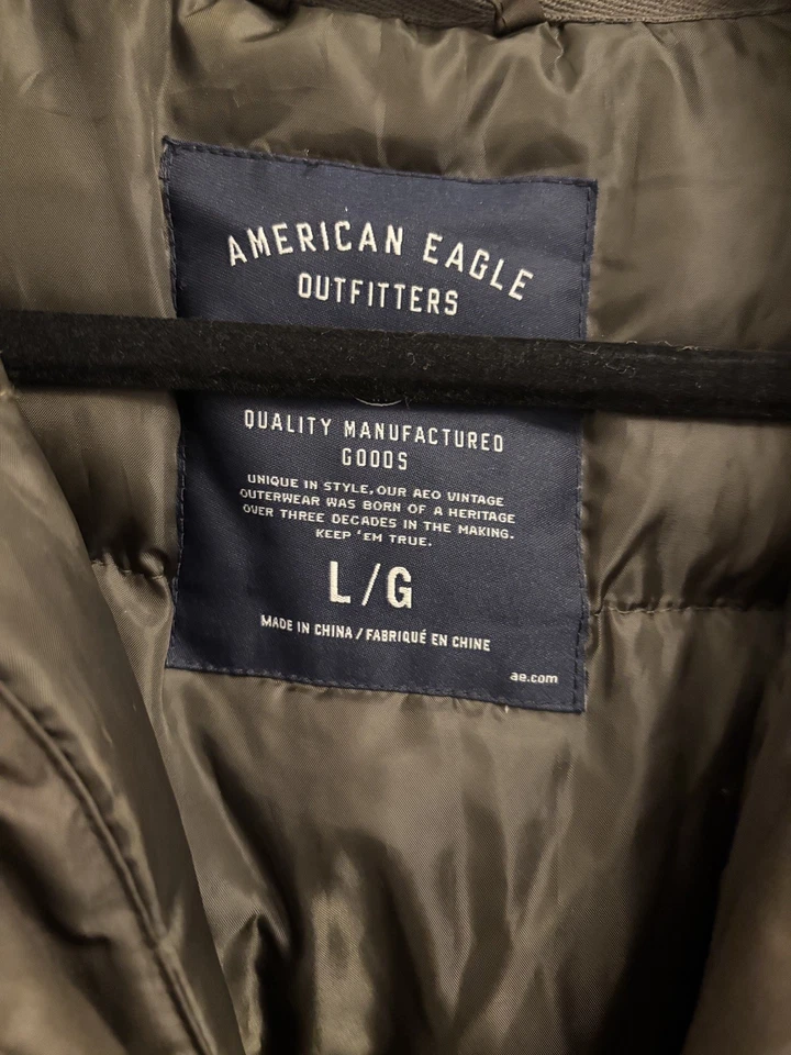 American Eagle men’s Duck Down Parka hoodie Jacket military Green Large faux fur - Image 2 of 4