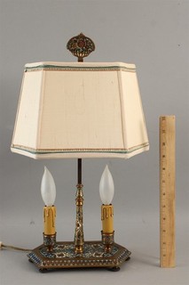 Antique French Champleve Enamel & Brass Adjustable Double Table Desk Lamp NR