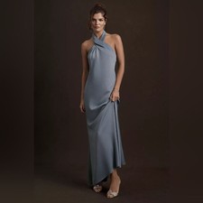 NWT Anthropologie BHLDN Ruby Twist Halter Satin Gown Dusty Blue Sz 14