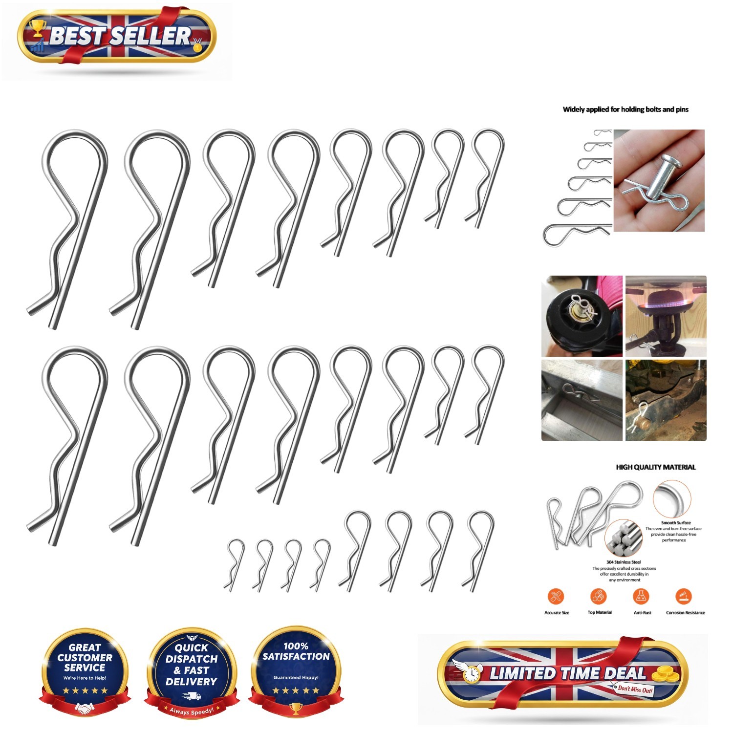 Heavy-Duty Cotter Pin Set - 24PCS Stainless Steel R Clips for Secure Fastening