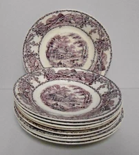 Royal Staffordshire Wilkinson RURAL SCENES PURPLE Saucers SET OF EIGHT  Vintage