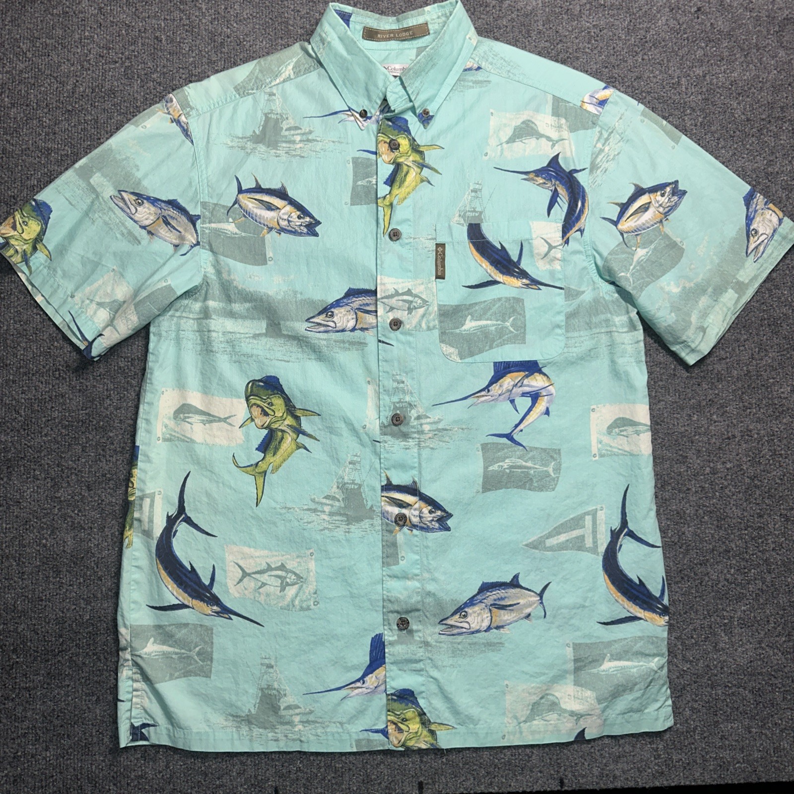 Columbia River Lodge Shirt Mens S Small Blue Short Sleeve Button Up Fish Print