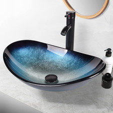 Glass Basin Vessel Sink Oval Blue Tempered Faucet Drain Set Countertop Bathroom