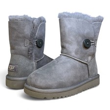 Kids Ugg Bailey Button Sheepskin Wool Lined Suede Boots, Grey