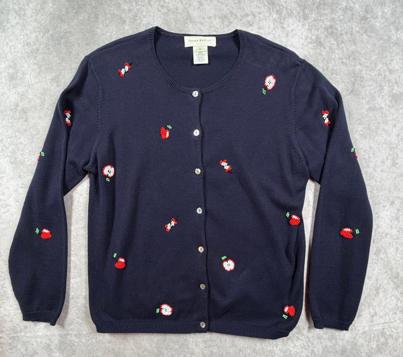 Susan Bristol Womens Cardigan Sweater Apple Embroidered Cotton M