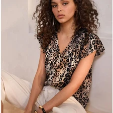 Next Animal Print Top Women's 12 Linen Blend Brown Leopard Print Button Down 