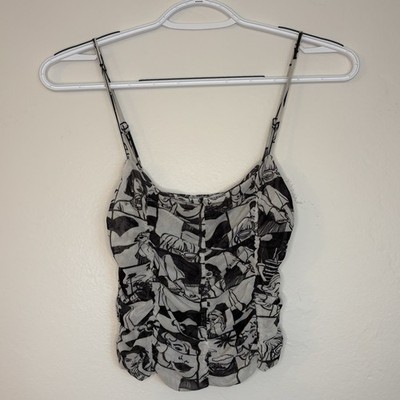 Zara Comic Print Tulle Mesh Crop Cami, Black & White/Gray, Barbiecore Pop Art, S