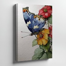Blue Butterfly And Colorful Flowers Canvas Wall Art Floral Nature Decor Print
