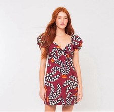 NEW FARM RIO Burgundy Dress Ethnic Bananas Puff Sleeve Mini Dress RARE PATTERN S