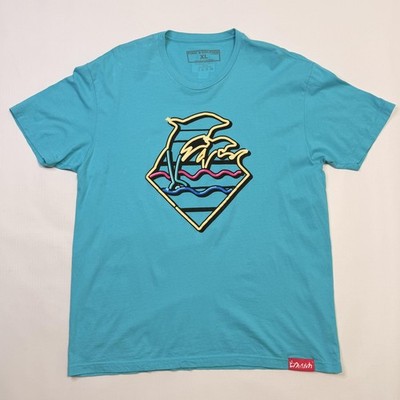 Pink Dolphin Shirt Mens XL Blue Neon Palm Tree Wave Graphic Surf Beach Tee