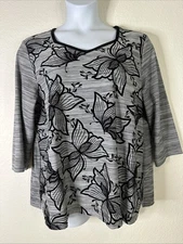 Alfred Dunner Womens Size XL Gray Butterfly V-neck Knit Top 3/4 Sleeve
