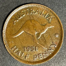 AUSTRALIA 1951 1/2 Half Penny Bronze King George VI Kangaroo Animal Coin