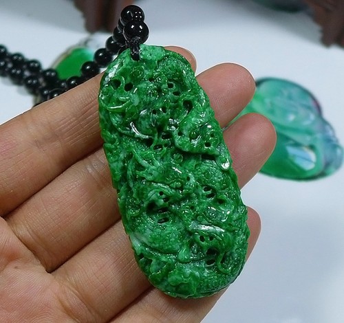 Fine Natural Type A Rich Emerald Jadeite Jade Nine Dragon(九龙至尊)Big Pendant
