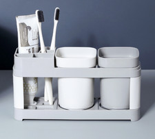 Two Cups Toothbrush Toothpaste Stand Holder Bathroom Storage Organizer GreyWhite