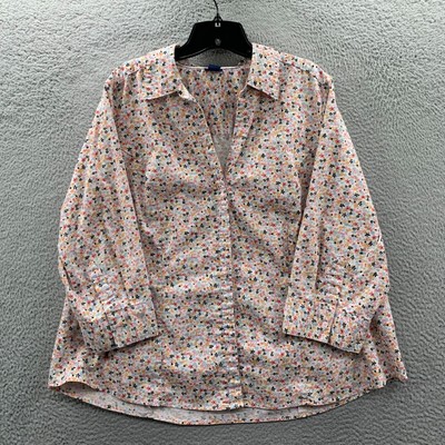 BASIC EDITIONS Shirt Womens 2X Button Up Blouse Top Floral 3/4 Sleeve White
