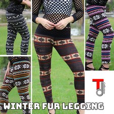 Brushed Fleece Fur Warm Snowflake Print LEGGINGS Stretch Thick Winter