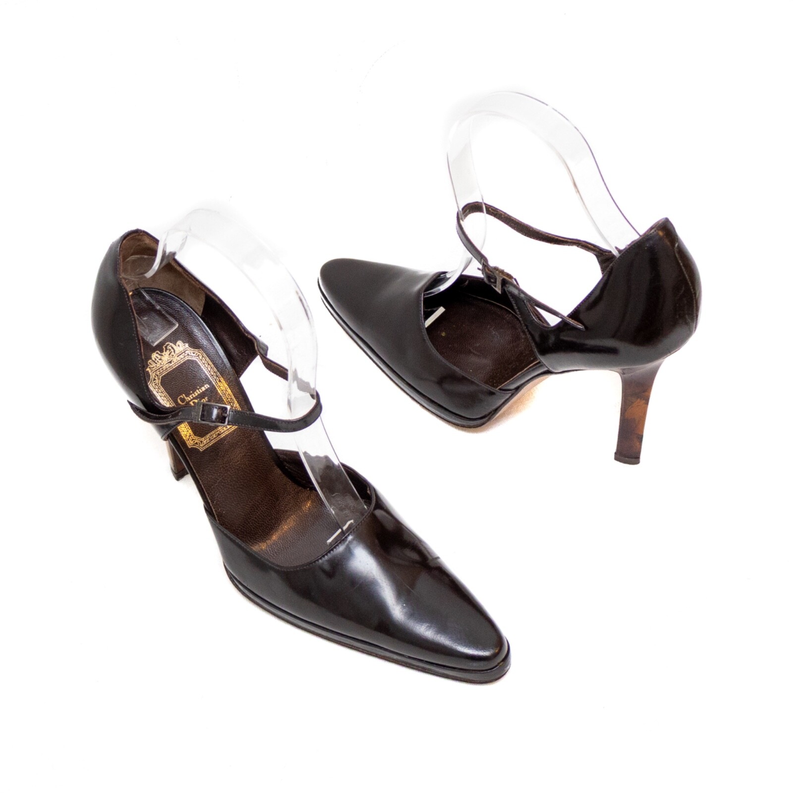 Vintage Christian Dior Brown Leather Mary Jane Heels with Tortoise Shell Detail Size 5.5