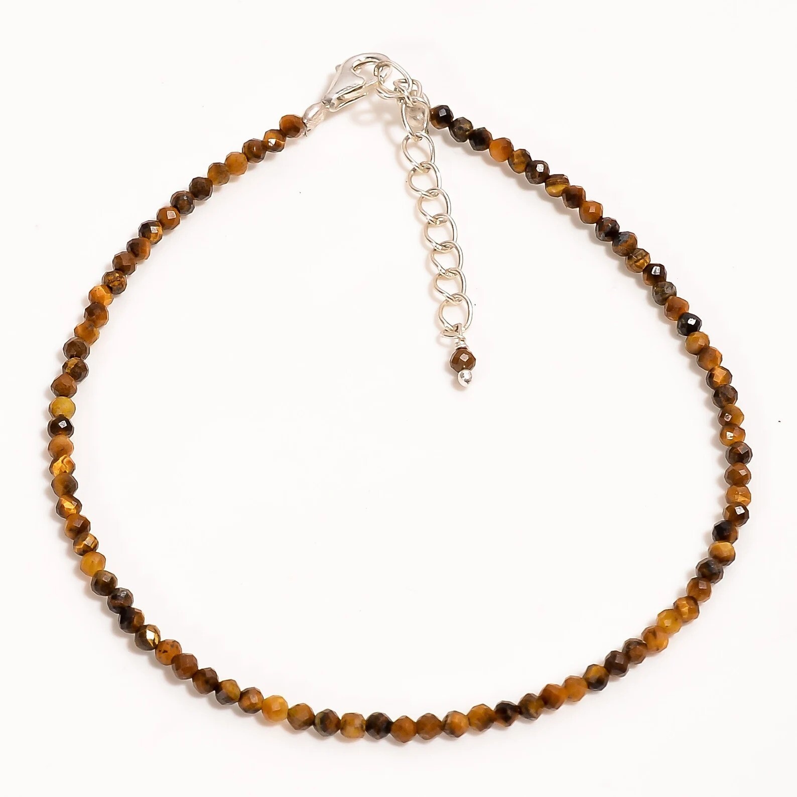 925 Sterling Silver Tiger Eye Dainty 3MM Rondelle Gemstone Bracelet 7 Inch