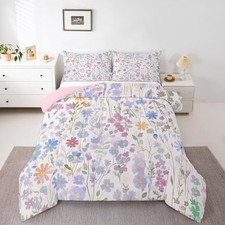 Cute Blue Floral Comforter Set for Kids Girls Boys,Colorful Queen Blue Purple