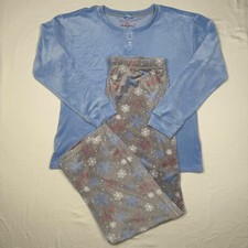 Goodnight Kiss Womens Blue Velour Pajama Set Gray Snowflake Pants Size M