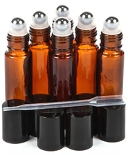 6pc 10ml Amber Glass Bottles+steel Rollers+plastic Caps