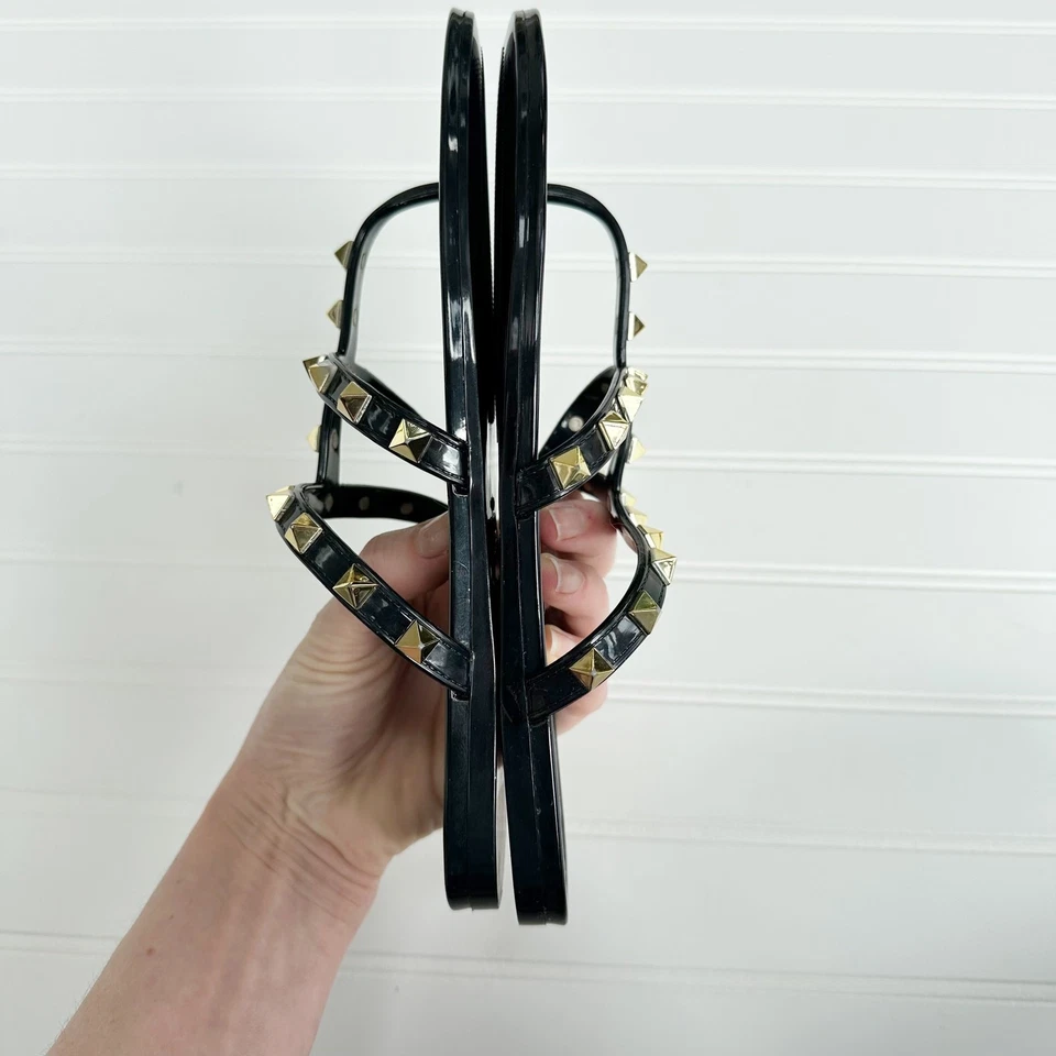 Sandalia Valentino Rockstud Jalea Negra Correa en T Tanga Deslizable Brillante Deslizable PVC 37 Foto 2 de 4