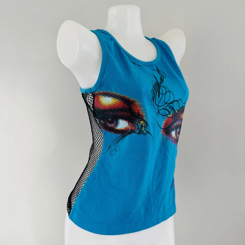 Y2K vtg OK47 Blue Rainbow COLOR HALFTONE Eye Graphic Print FISHNET Tank Top M - Image 4 of 4